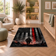 Firefighter Hero in Smoke with Flag firefighter rug in a nursery with a crib and armchair