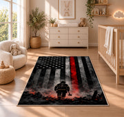 Firefighter Hero in Smoke with Flag firefighter rug in a nursery beside a crib