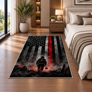 Firefighter Hero in Smoke with Flag firefighter rug in a bedroom beside the bed