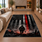 Firefighter Hero in Smoke with Flag firefighter rug in a living room with a fireplace
