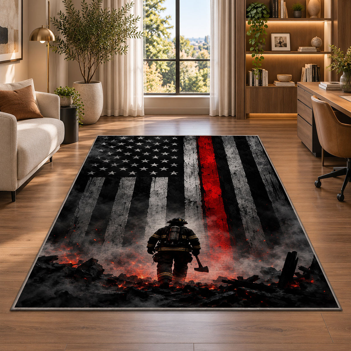 Firefighter Hero in Smoke with Flag firefighter rug in a home office beside a desk
