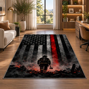 Firefighter Hero in Smoke with Flag firefighter rug in a home office beside a desk