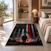 Firefighter Hero in Smoke with Flag firefighter rug in a bedroom with an arched window