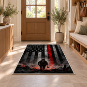 Firefighter Hero in Smoke with Flag firefighter rug in an entryway