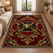 Gold Fire Helmet Crest firefighter rug in a living room beside a sofa