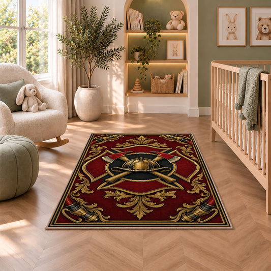 Gold Fire Helmet Crest firefighter rug in a nursery with a crib and armchair