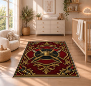 Gold Fire Helmet Crest firefighter rug in a nursery beside a crib