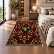 Gold Fire Helmet Crest firefighter rug in a bedroom beside the bed