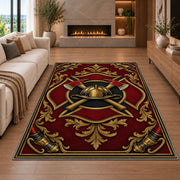 Gold Fire Helmet Crest firefighter rug in a living room with a fireplace