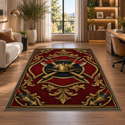 Gold Fire Helmet Crest firefighter rug in a home office beside a desk