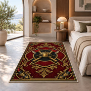 Gold Fire Helmet Crest firefighter rug in a bedroom with an arched window