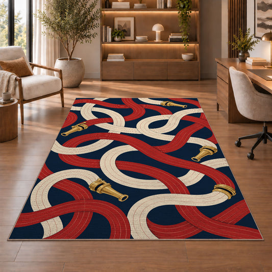 Looping Fire Hoses firefighter rug in a study with an armchair and bookshelves