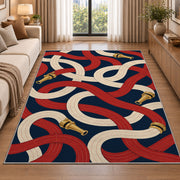 Looping Fire Hoses firefighter rug in a living room beside a sofa