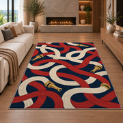 Looping Fire Hoses firefighter rug in a living room with a fireplace