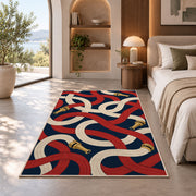 Looping Fire Hoses firefighter rug in a bedroom with an arched window