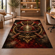 Ember Helmet and Axes Crest firefighter rug in a study with an armchair and bookshelves