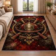 Ember Helmet and Axes Crest firefighter rug in a living room beside a sofa