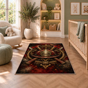 Ember Helmet and Axes Crest firefighter rug in a nursery with a crib and armchair