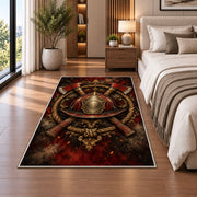 Ember Helmet and Axes Crest firefighter rug in a bedroom beside the bed