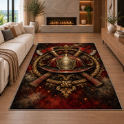 Ember Helmet and Axes Crest firefighter rug in a living room with a fireplace