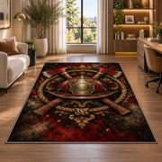 Ember Helmet and Axes Crest firefighter rug in a home office beside a desk