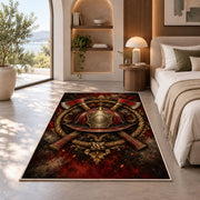 Ember Helmet and Axes Crest firefighter rug in a bedroom with an arched window