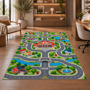 Fire Station Town Road Map firefighter rug in a study with an armchair and bookshelves