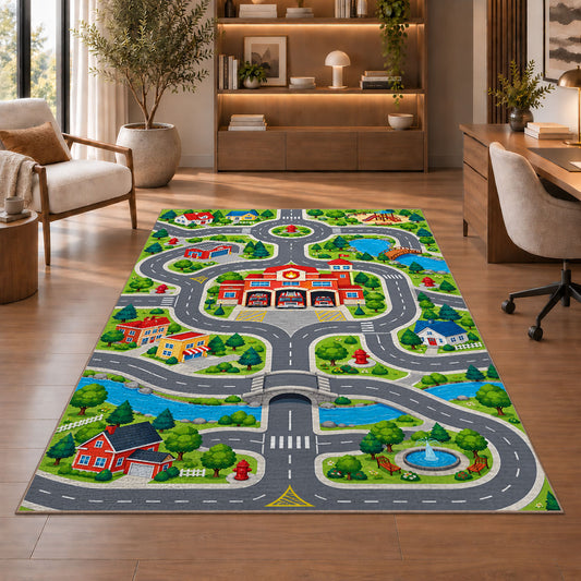 Fire Station Town Road Map firefighter rug in a study with an armchair and bookshelves