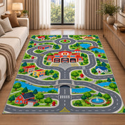 Fire Station Town Road Map firefighter rug in a living room beside a sofa