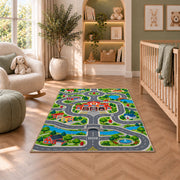 Fire Station Town Road Map firefighter rug in a nursery with a crib and armchair