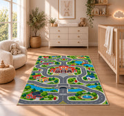 Fire Station Town Road Map firefighter rug in a nursery beside a crib