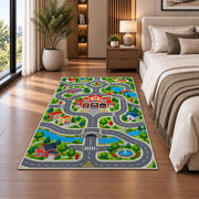 Fire Station Town Road Map firefighter rug in a bedroom beside the bed