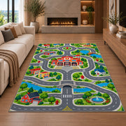 Fire Station Town Road Map firefighter rug in a living room with a fireplace