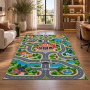 Fire Station Town Road Map firefighter rug in a home office beside a desk