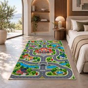 Fire Station Town Road Map firefighter rug in a bedroom with an arched window