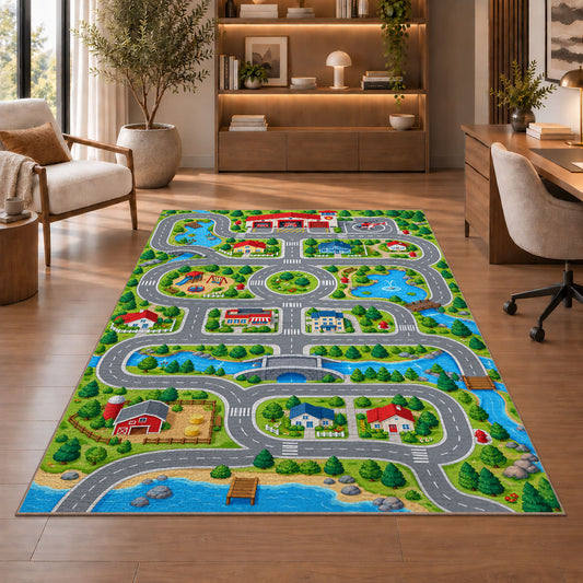 Country Town Road Play Map firefighter rug in a study with an armchair and bookshelves