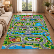 Country Town Road Play Map firefighter rug in a living room beside a sofa