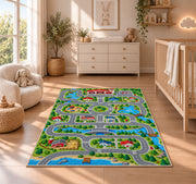 Country Town Road Play Map firefighter rug in a nursery beside a crib