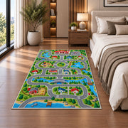 Country Town Road Play Map firefighter rug in a bedroom beside the bed