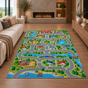 Country Town Road Play Map firefighter rug in a living room with a fireplace