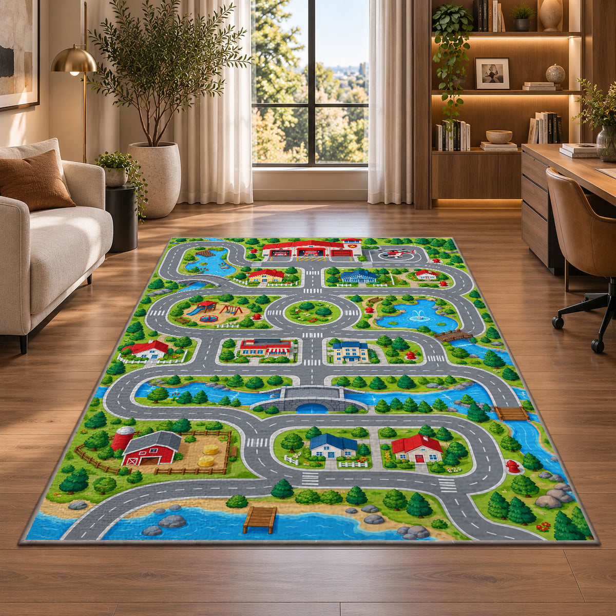 Country Town Road Play Map firefighter rug in a home office beside a desk
