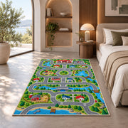 Country Town Road Play Map firefighter rug in a bedroom with an arched window