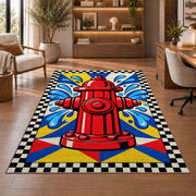 Pop Art Fire Hydrant firefighter rug in a study with an armchair and bookshelves
