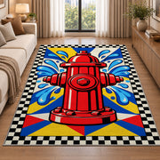 Pop Art Fire Hydrant firefighter rug in a living room beside a sofa