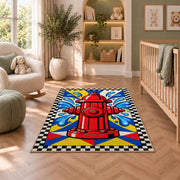 Pop Art Fire Hydrant firefighter rug in a nursery with a crib and armchair