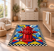 Pop Art Fire Hydrant firefighter rug in a nursery beside a crib