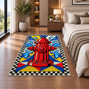 Pop Art Fire Hydrant firefighter rug in a bedroom beside the bed