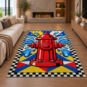 Pop Art Fire Hydrant firefighter rug in a living room with a fireplace