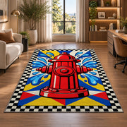 Pop Art Fire Hydrant firefighter rug in a home office beside a desk