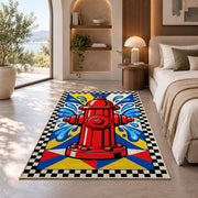 Pop Art Fire Hydrant firefighter rug in a bedroom with an arched window